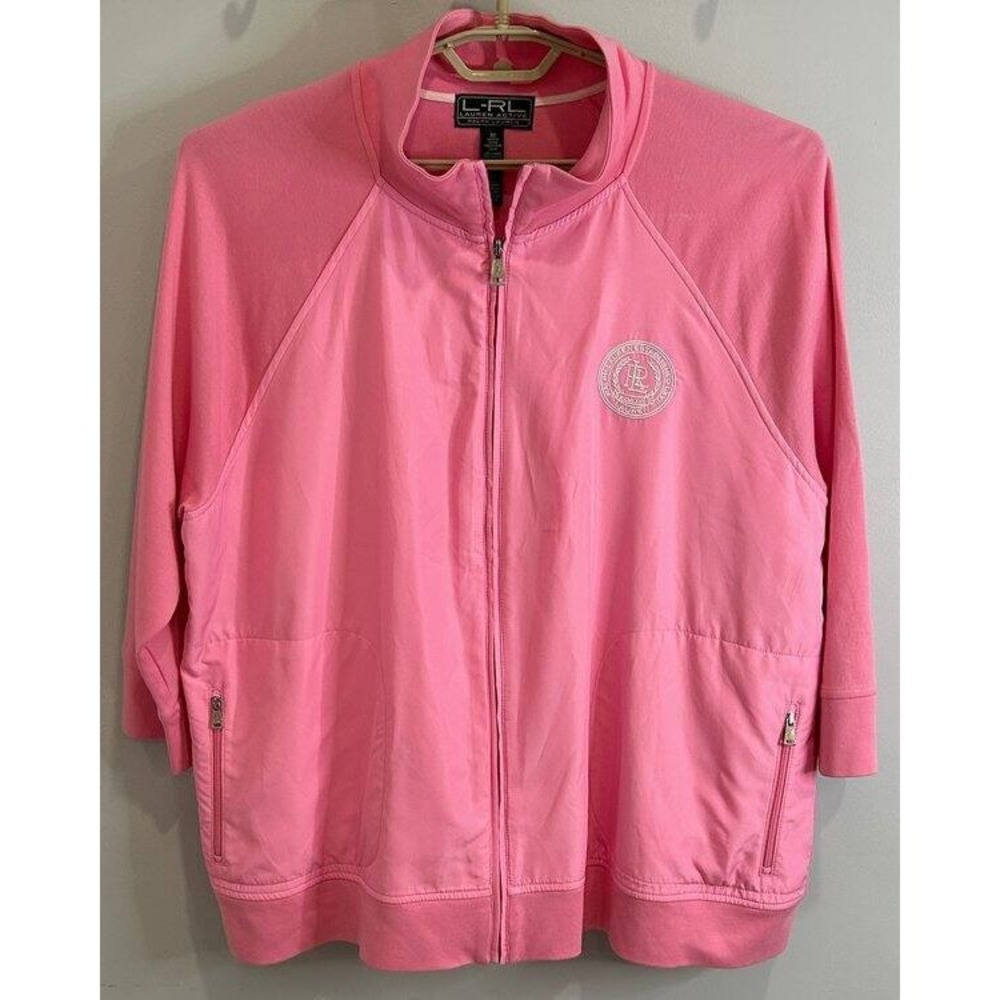 L-RL Ralph Lauren Active Pink Full Zip Establ Shed Crest Jacket 3/4 Sleeve 3X
